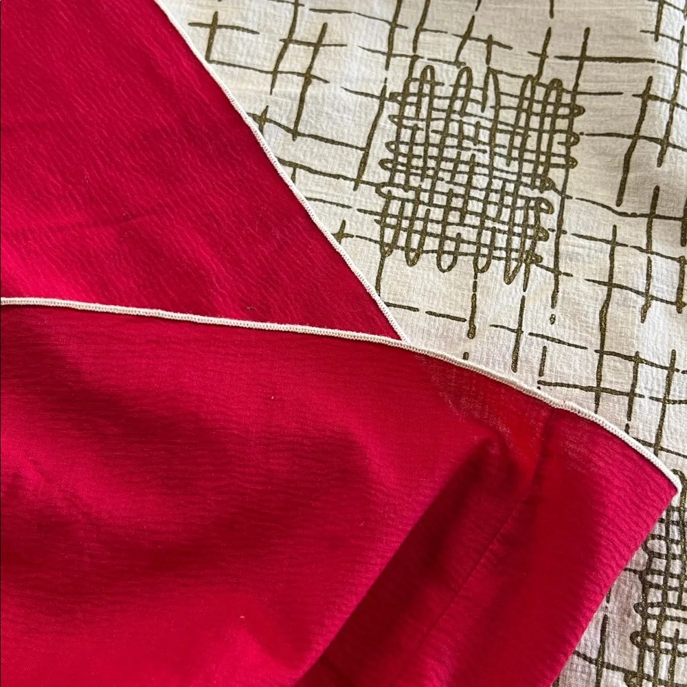 Vintage Tablecloth red 9” edge with cream & soft faded metallic insert